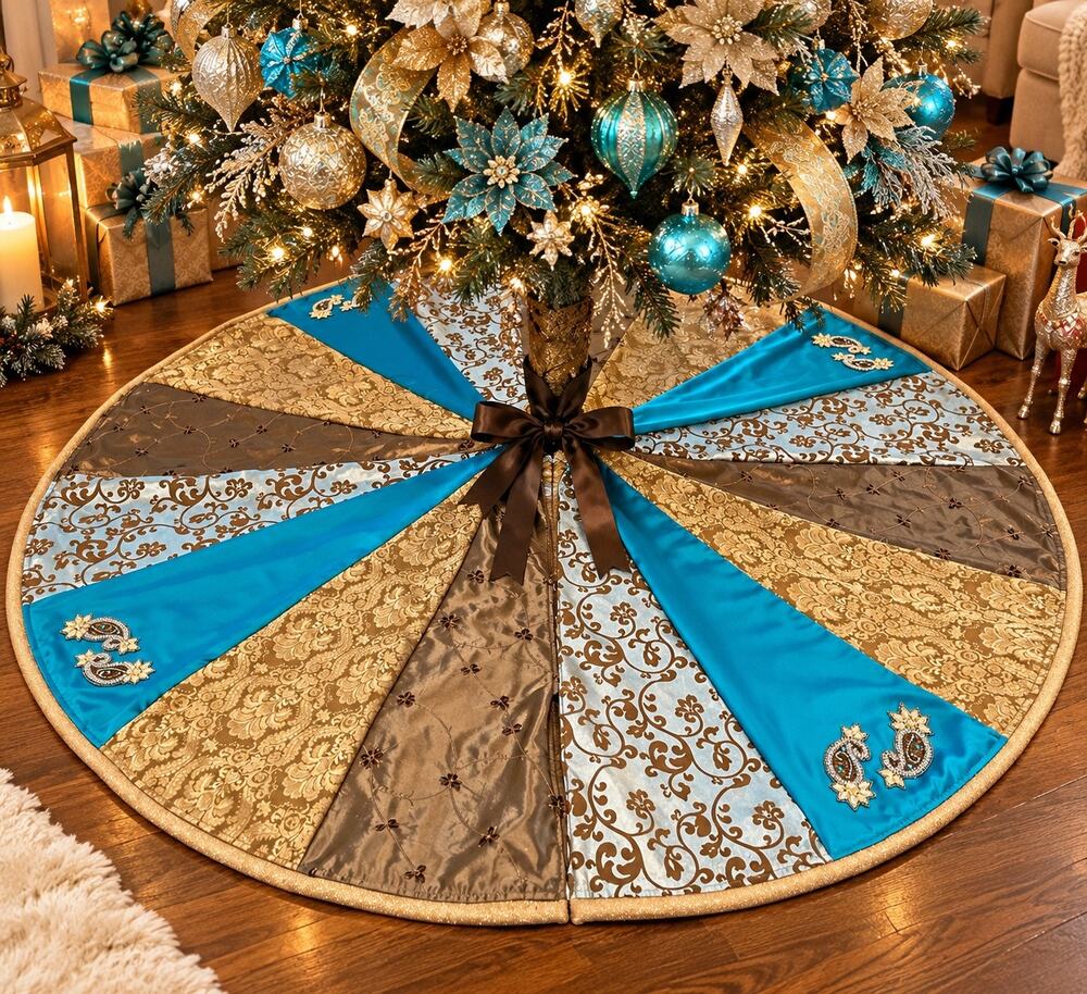 Handmade 67” Turquoise Gold Jeweled Christmas Tree Skirt Heirloom Decor